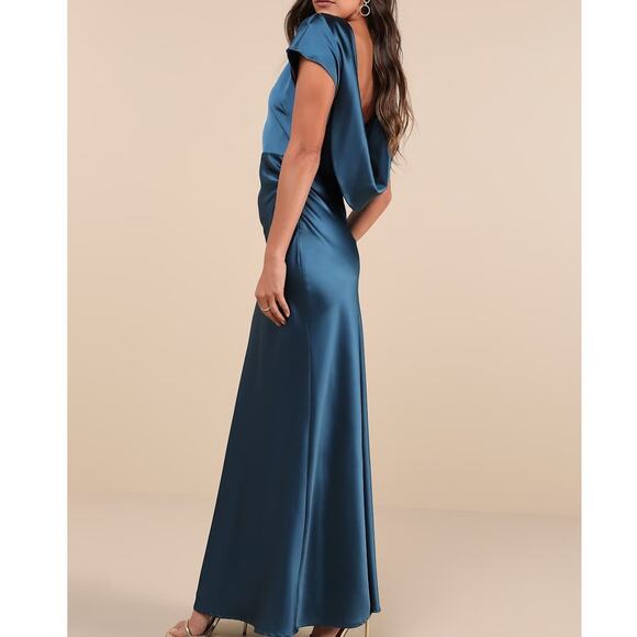 Lulus NWT Captivating Presence Dark Teal Satin Cowl Back Maxi Dress Medium - Picture 5 of 10